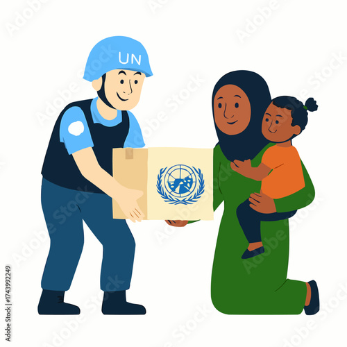 UN Peacekeeper Assisting Civilians Vector