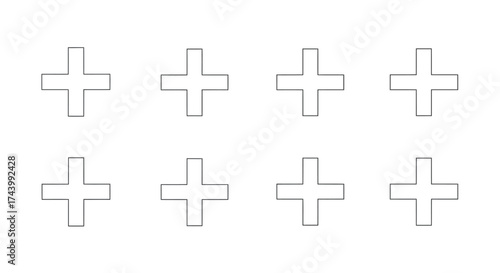 Collection of eight stylized white plus signs with subtle shading and outlines vector