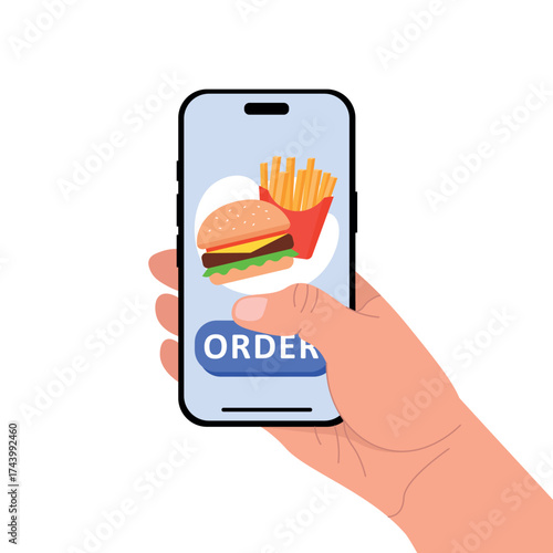 Hand holding smartphone with burger and fries on screen. Online food delivery and fast food order app concept. Vector illustration for restaurant service, takeaway, mobile application, technology