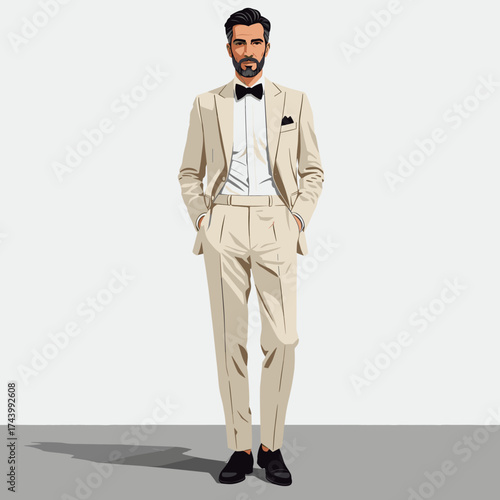 Stylish man in beige suit and black bow tie. Elegant formal fashion illustration, full length.