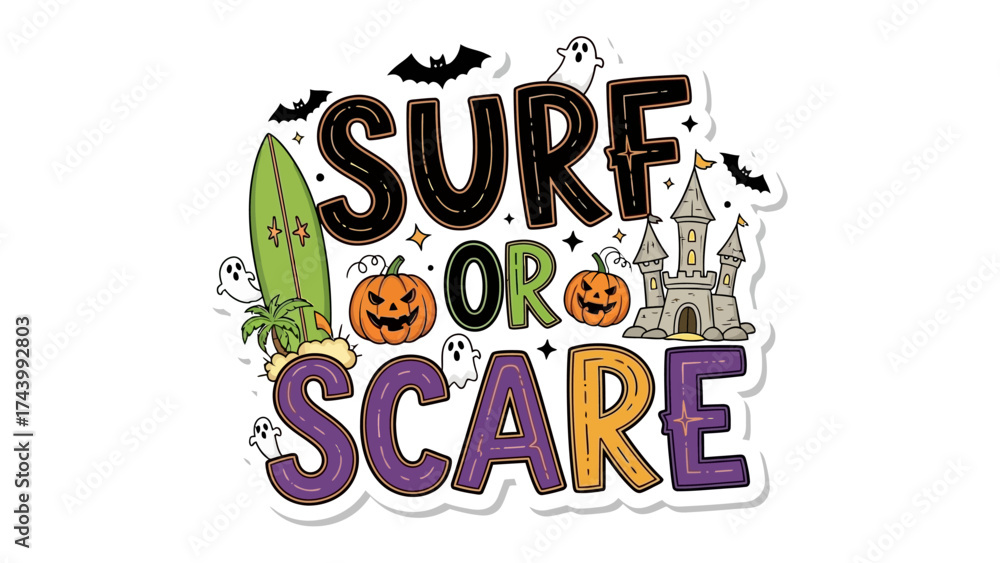 Naklejka premium Surf or Scare: Festive Halloween themed design, blending the thrill of surfing with spooky elements like pumpkins and haunted castle.