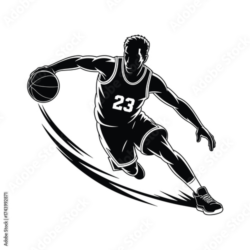 Dynamic silhouette of a powerful basketball player dribbling with intense action lines