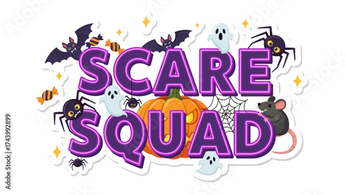 Scare Squad Celebration: A delightful display of Halloween-themed illustrations featuring cheerful ghosts, bats, spiders, and a pumpkin create a captivating scene.