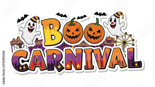 Spooky Carnival Delights: Vibrant illustration captures the essence of Halloween with whimsical elements: playful ghost, grinning pumpkins, and the allure of a carnival setting