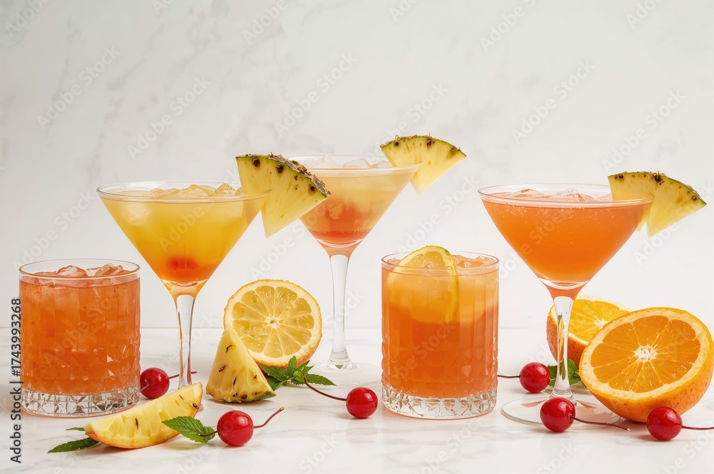 Fototapeta premium Assorted cocktails served in multiple glass styles decorated with pineapple and cherry, featuring blank space for text