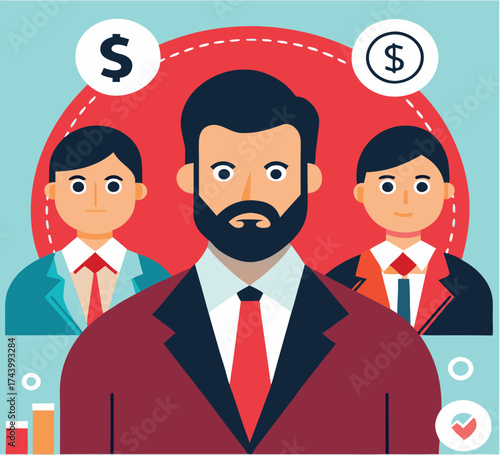 Successful team with a bearded man leading, under dollar signs and minimal data charts
