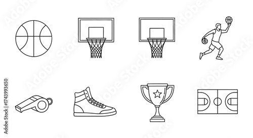 Collection of hand drawn basketball icons including ball hoop player shoes whistle trophy and court vector