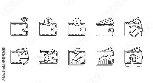 Collection of hand drawn sketch wallet icons representing financial concepts and security vector