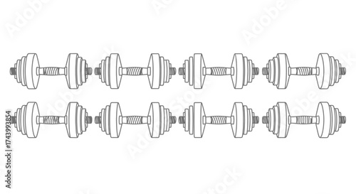 Two rows of dumbbell pairs showcasing fitness and strength training equipment collection vector