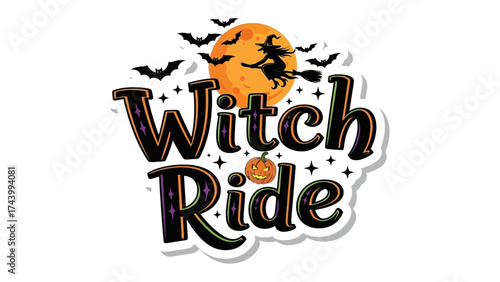 Witch Ride Illustration: An enchanting illustration of a witch riding a broom, set against a backdrop of a full moon and bats, capturing the spooky atmosphere of Halloween. 