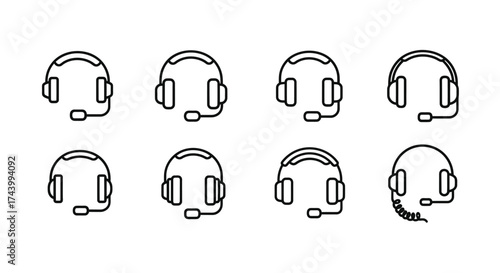 Collection of line art headset icons for communication and audio services vector