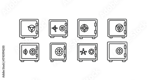 Collection of eight outline safety deposit boxes with combination locks and keyholes for security vector
