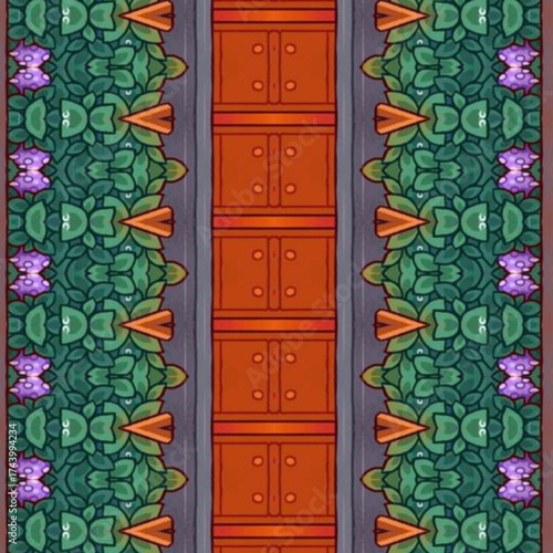 Playful geometric pattern with green leaf shapes, orange accents, and red panels forming a decorative symmetrical design. Golden keywords: pattern, geometric, symmetry, decorative, abstract.