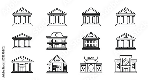 Collection of hand drawn architectural icons representing various buildings and institutions vector