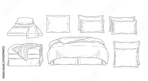 Collection of hand drawn beds and pillows sketches for interior design and bedroom concepts vector