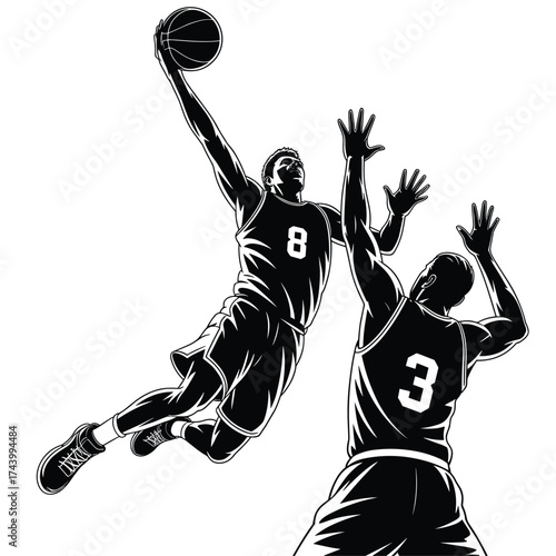 Dynamic silhouette of basketball players dunking and defending in action