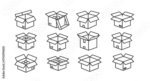 Collection of hand-drawn open cardboard boxes in various angles and styles vector