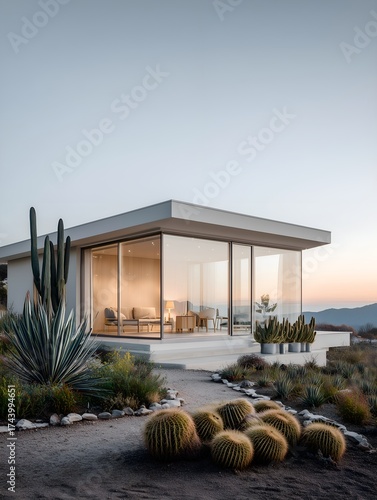 Futuristic glass house at twilight surrounded by cactus garden, modern architecture merging with natural beauty, ideal for architecture magazine, travel guide or design blog
