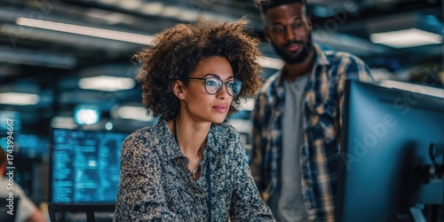 Online developer and engineer collaborate on network server management information technology office environment male and female specialists at work