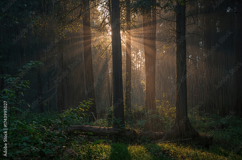 Fototapeta premium Sunlight piercing through a rainy woodland