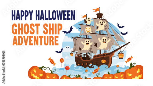 Ghost Ship Halloween Adventure: A whimsical illustration showcasing a spectral galleon sailing through a Halloween night scene, adorned with ghostly figures, playful pumpkins, and festive sweets.
