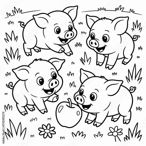 Scalable vector illustration of four cute cartoon piglets playing in a field with an apple silhouette vector illustration white background