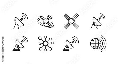Modern satellite communication technology icons set featuring antennas and global network connections vector