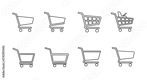 Collection of hand drawn shopping carts showing progression from empty to full for retail and e-commerce concepts vector