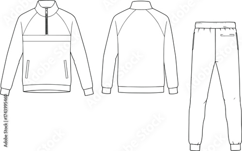 Pullover top and jogger pants flat sketch, technical fashion drawing with zipper details, ribbed cuffs, elastic waistband, apparel design illustration