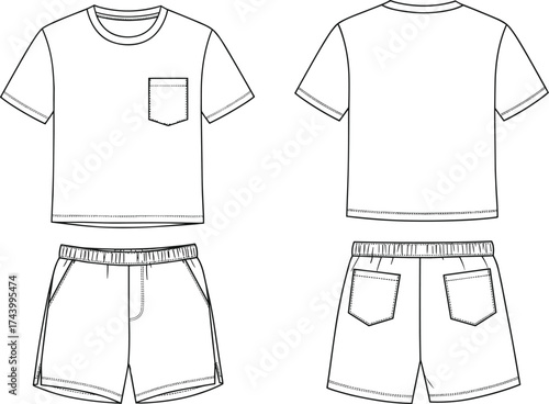 Casual two piece outfit flat sketch with short sleeve t shirt and shorts, chest pocket, elastic waistband, technical fashion design illustration, cad drawing flat vector illustration