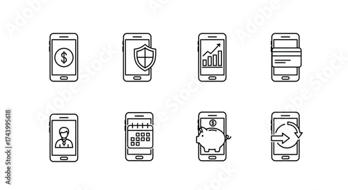 Mobile app icons depicting financial services security data analysis and payments vector