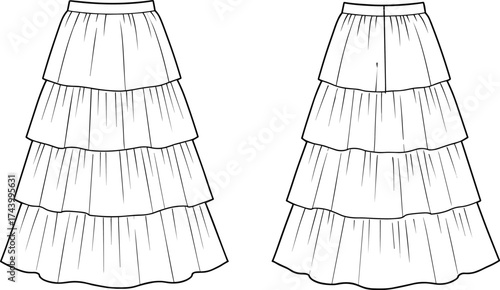 Tiered skirt flat sketch front and back view, layered fashion design with gathered tiers, flared silhouette, technical apparel drawing illustration, cad drawing flat vector illustration