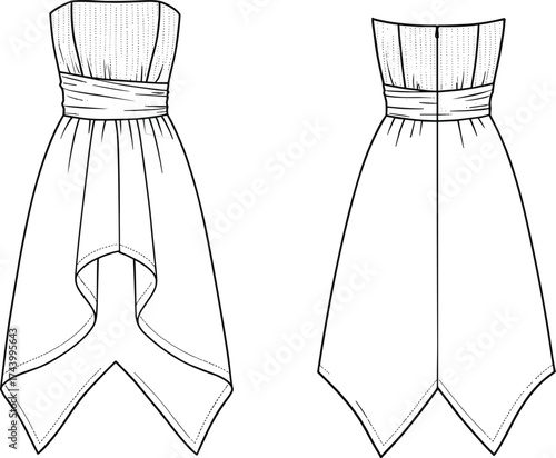 Strapless dress flat sketch with ruched bodice, wide waistband, asymmetrical handkerchief hem, layered drape skirt, technical fashion design illustration, cad drawing flat vector illustration
