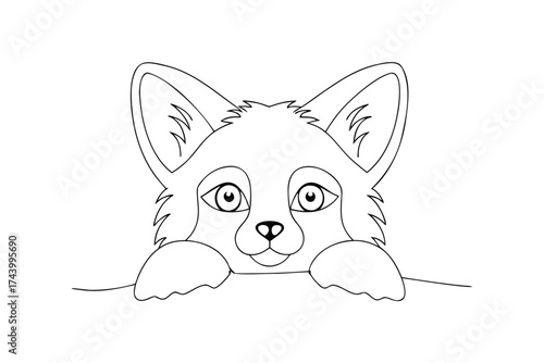 A cute baby fox peeking over a log drawn with simple lines animal
