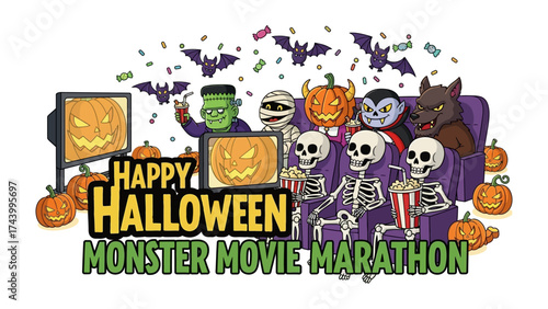 Happy Halloween Monster Movie Marathon: An illustration captures a lively scene where an ensemble of Halloween characters are enjoying a monster movie marathon. The imagery features skeletons.