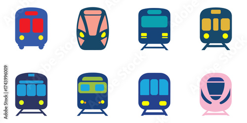 Minimalist vector icons of colorful train fronts in flat design style, showcasing diverse transit systems and modern transportation themes