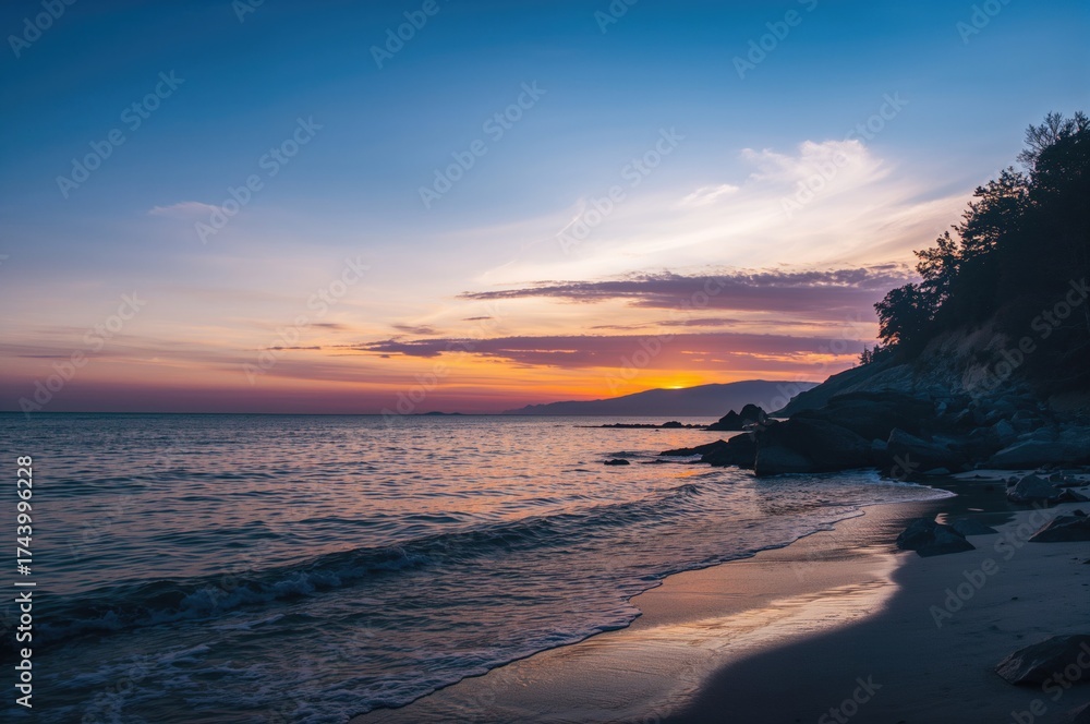Obraz premium Evening by the ocean shore with stunning views. A peaceful summer night perfect for camping in a protected area.