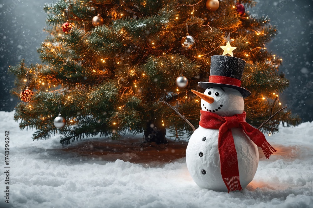 Obraz premium Christmas tree decorated with a snowman figure