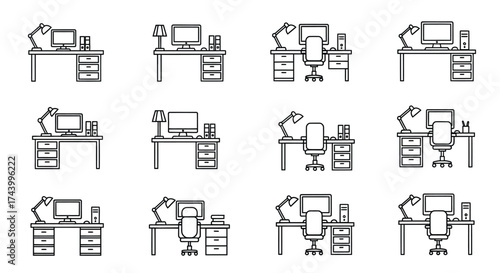 Collection of hand drawn office desks with computers lamps and chairs sketch style vector