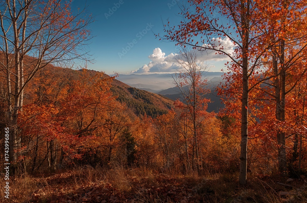 Fototapeta premium Breathtaking fall scenery with colorful foliage and leaf-covered ground in a hilly area