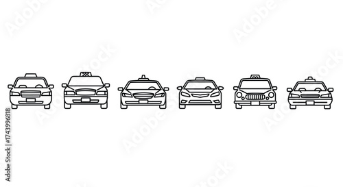 Front view of six diverse taxi cabs lined up in a row for transportation services vector