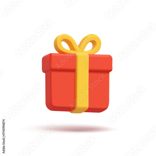Red 3D gift box with yellow ribbon and bow on white background. For celebration concepts. Vector illustration.