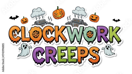 Clockwork Creeps: A whimsical Halloween-themed graphic featuring a captivating array of festive elements. It is designed with a fun and spooky atmosphere.