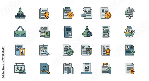 A collection of flat design icons representing various aspects of job searching, hiring, and professional documents.