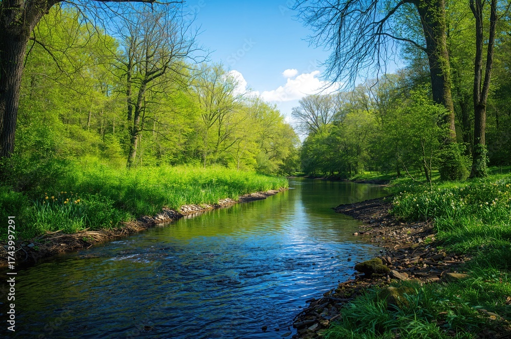 Obraz premium Little stream mirroring the surrounding woodland