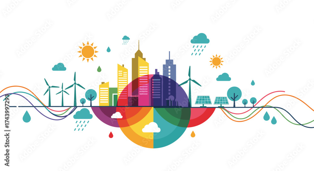 Obraz premium Vibrant eco city with sustainable energy solutions for a cleaner future in a modern colorful design