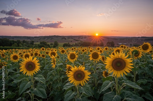 Fototapeta Naklejka Na Ścianę i Meble -  Golden sunflower meadow during evening twilight