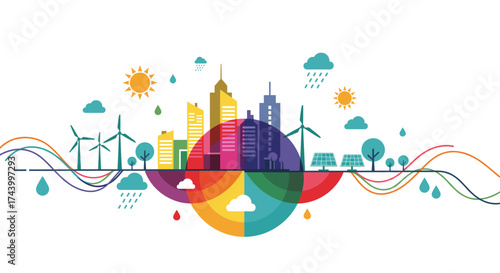 Vibrant eco city with sustainable energy solutions for a cleaner future in a modern colorful design