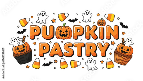 Pumpkin Pastry Celebration: A playful and festive illustration featuring a delightful array of pumpkin-themed treats, including cupcakes and candy corn, all arranged to spell out Pumpkin Pastry.