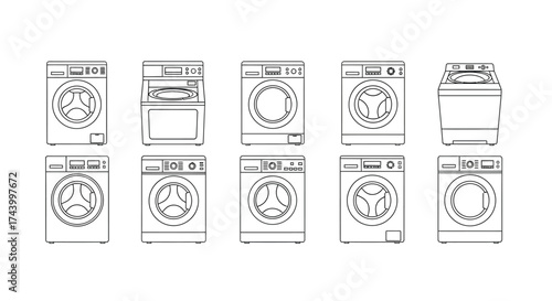 Set of ten line drawing icons representing different washing machine models and configurations vector